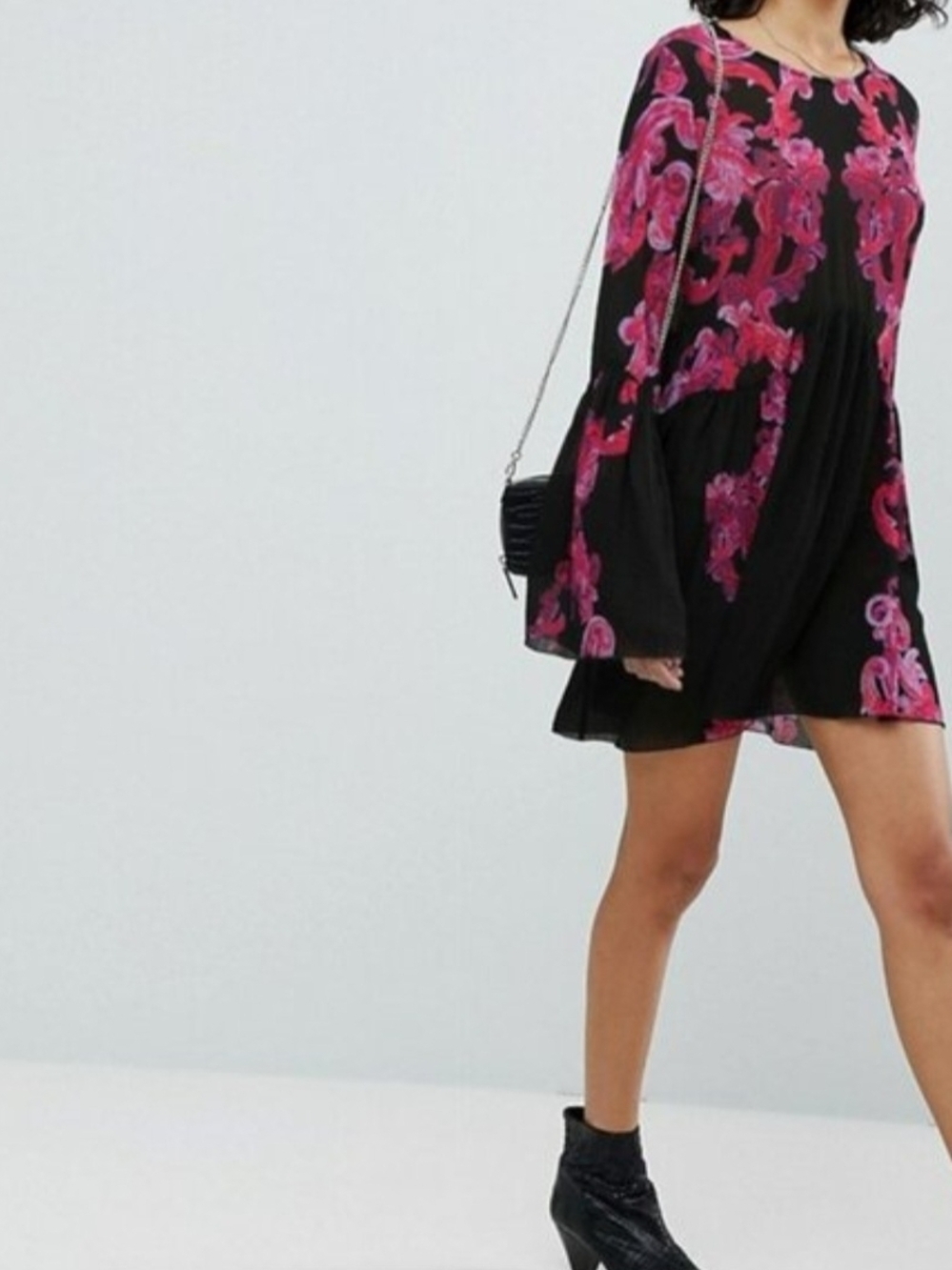 Free People Black Tunic Dress with Pink Floral Embroidery
